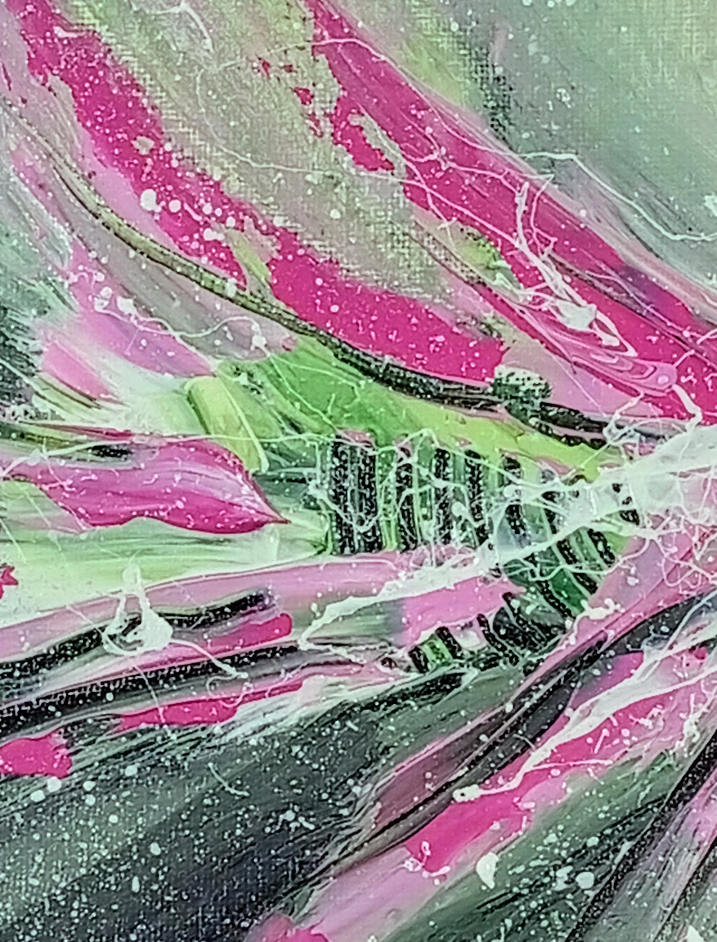 Detalhe em close-up da pintura “Light Feelings”, mostrando textura e cores em rosa, verde e branco, acrílico sobre tela, junho de 2020.