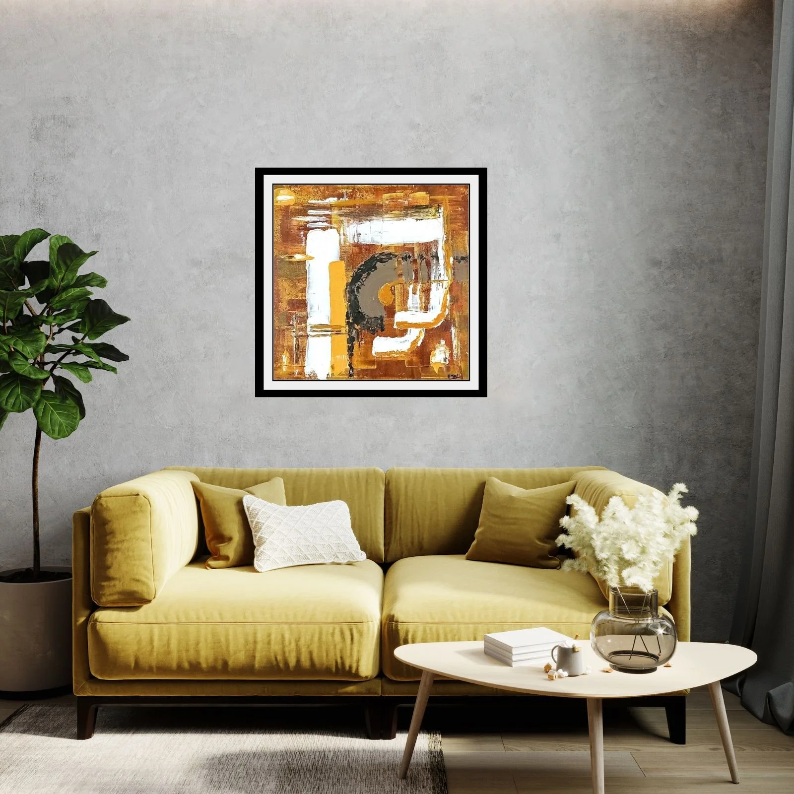 Pintura “Chocolate, Caramel & Toffee” em acrílico sobre tela, pintada à espátula, tons quentes de castanho, dourado e creme, apresentada em ambiente, de março de 2022, HMad Artworks.