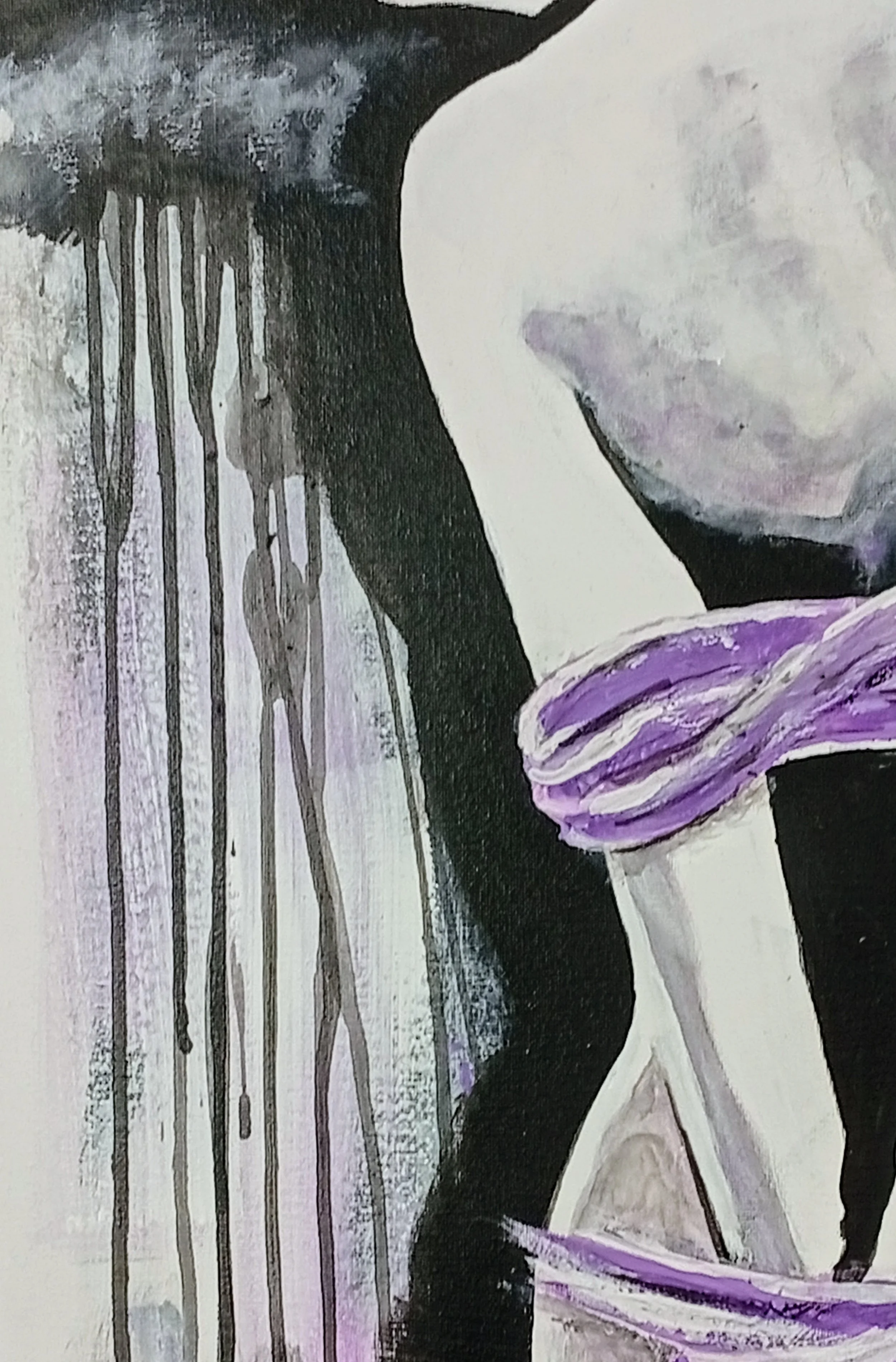 Detalhe da pintura “Bounded” em acrílico sobre tela, foco nos braços e pulsos presos por laços roxos, fundo com tinta escorrida, junho 2023, HMad Artworks.