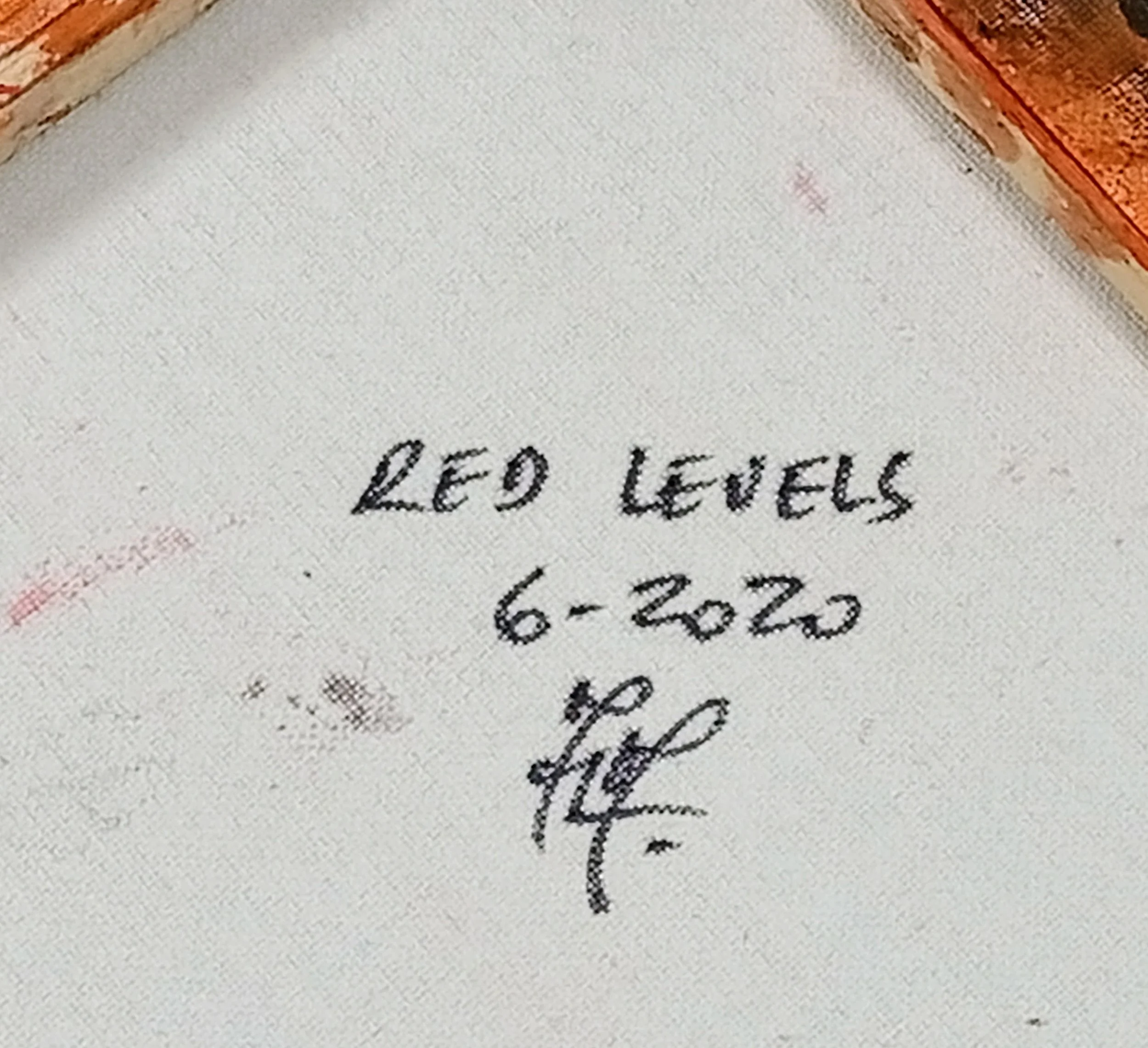 Back of the “Red Levels” painting with title, date “6.2020” and HMad signature, acrylic on canvas, one of a kind.