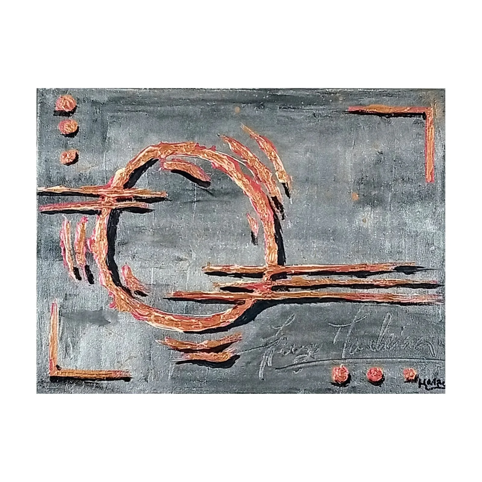 Pintura “Bronze Notes Over Grey’s Silver” em acrílico sobre tela, tons de bronze e cinza-prateado,