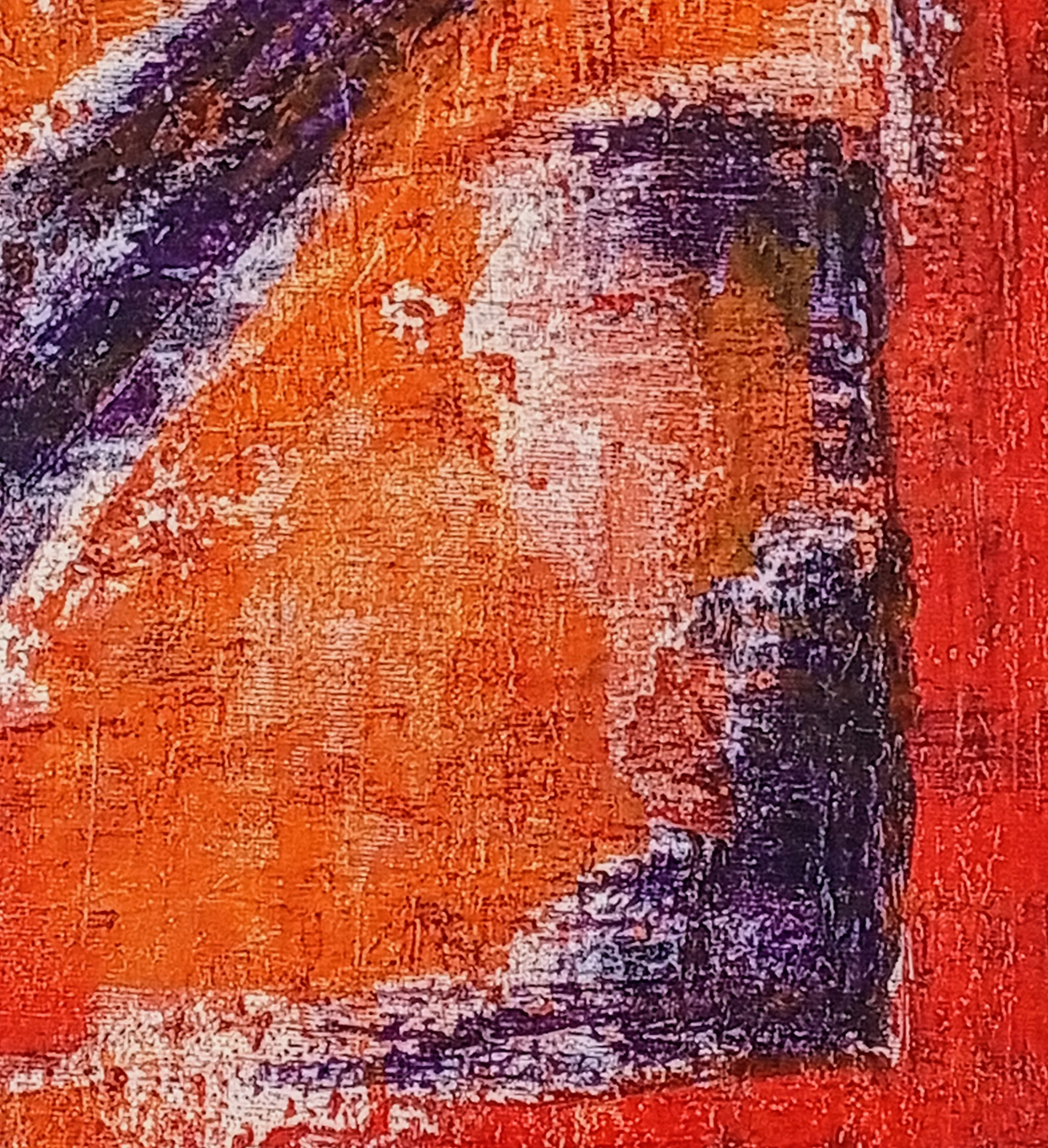 Detail of “Passenger” acrylic painting on canvas, textures in red, orange, purple and white tones, May 2020, HMad Artworks.
