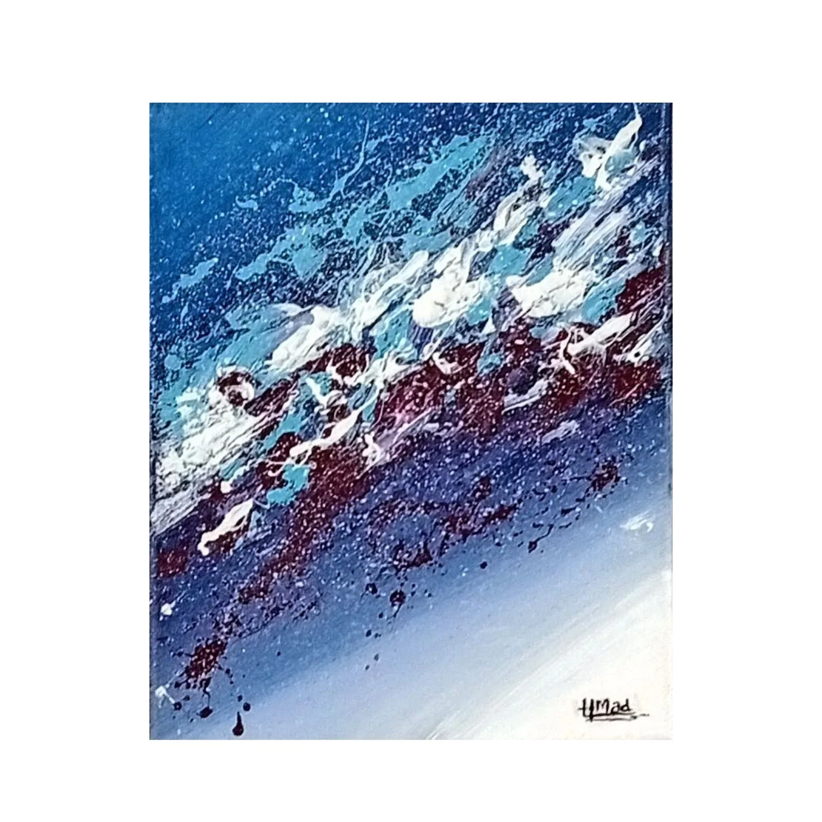 Pintura “Changing Moods” em técnica mista sobre tela, tons de azul, branco e vermelho, textura fluida, 24×30×1 cm, abril de 2020, HMad Artworks.