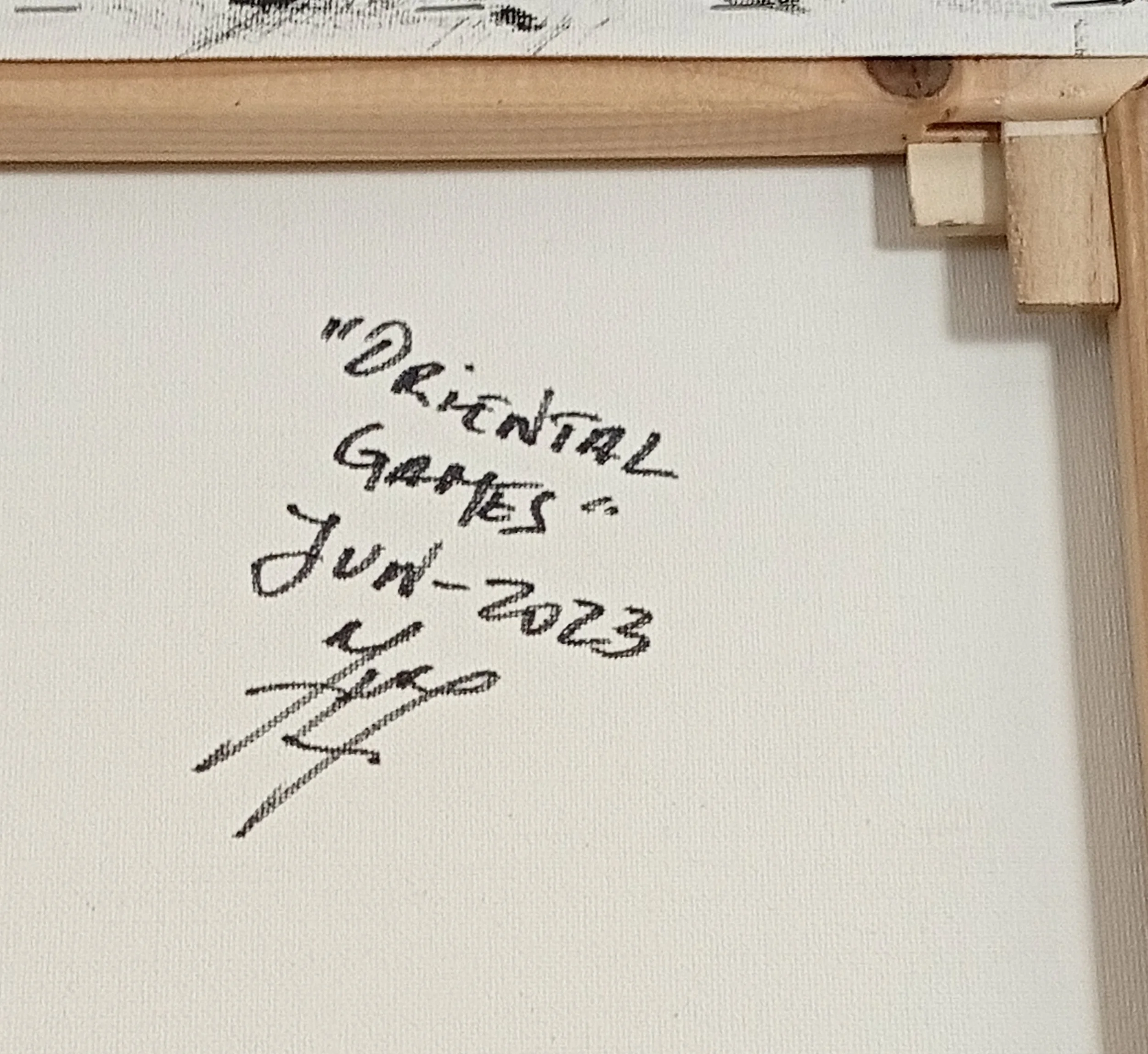 Handwritten back signature of the painting “Oriental Games”, dated June 2023, by artist HMad.