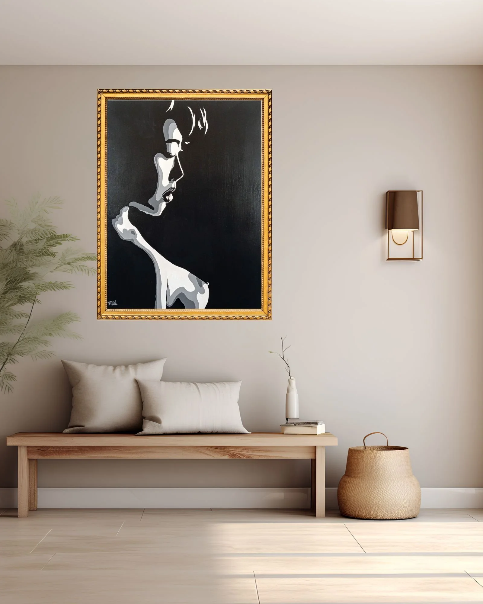 Pintura “Yes, My Lord!” em acrílico sobre tela, 80×100 cm, monocromática, enquadrada com moldura dourada, exposta em parede de sala minimalista, HMad Artworks.
