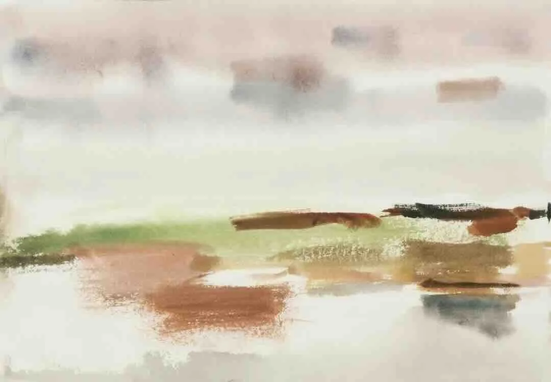 Abstract watercolor painting with soft pastel colors, including shades of green, brown, gray, and white.
