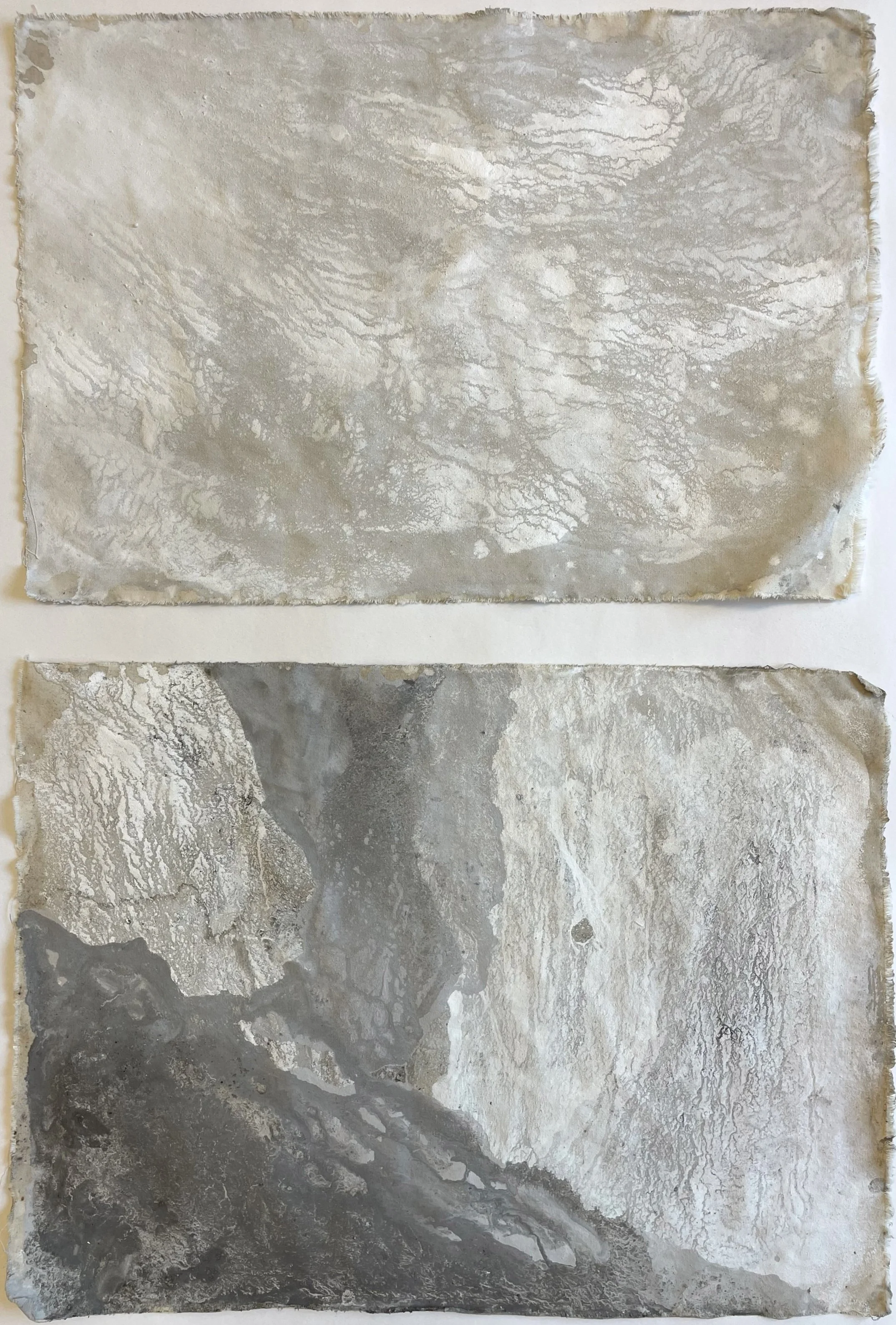 Solum/Saxum 6+7 (2025) | 32 x 47 cm + 36 x 48 cm | Limestone, Clay, Iron Oxide, Water on Unstretched Raw Cotton Canvas