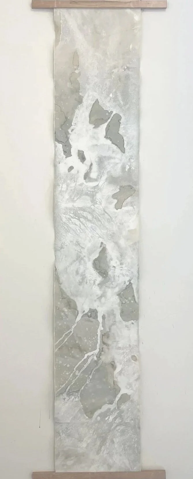 Scroll 3 (2025) | 137 x 30 cm | Rain, Limestone, Clay, Water, Natural Medium on Raw Cotton Canvas