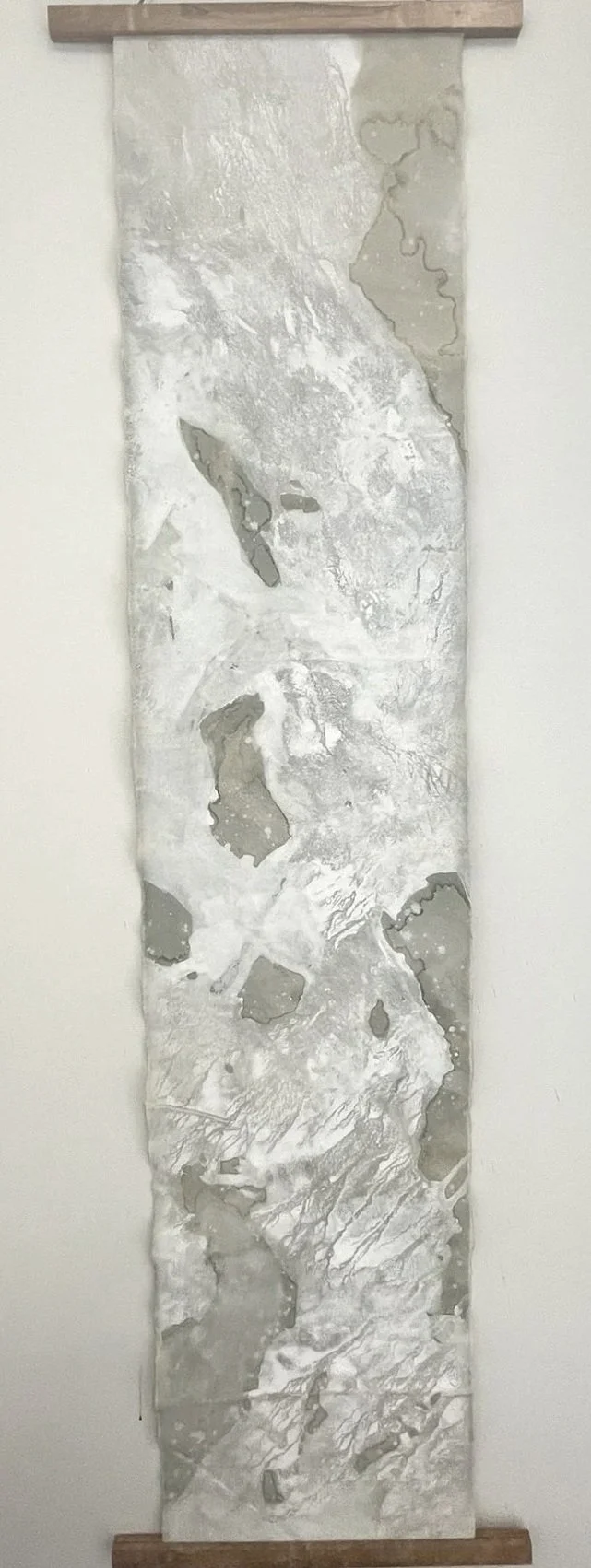 Scroll 2 (2025) | 137 x 30 cm | Rain, Limestone, Clay, Water, Natural Medium on Raw Cotton Canvas
