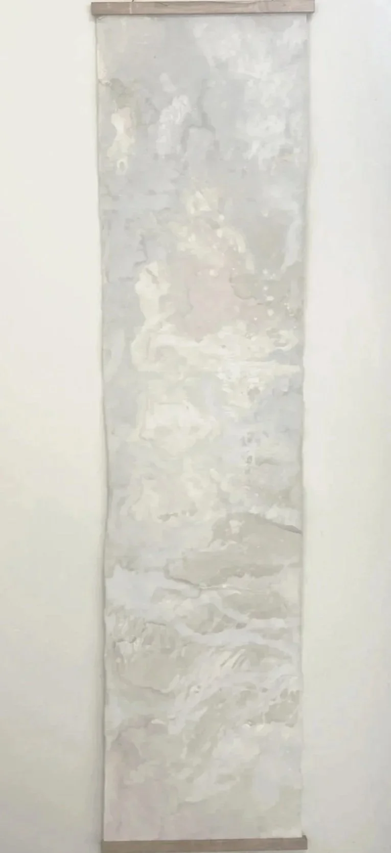 Scroll 6 (2025) | 137 x 30 cm | Rain, Limestone, Clay, Water, Natural Medium on Raw Cotton Canvas