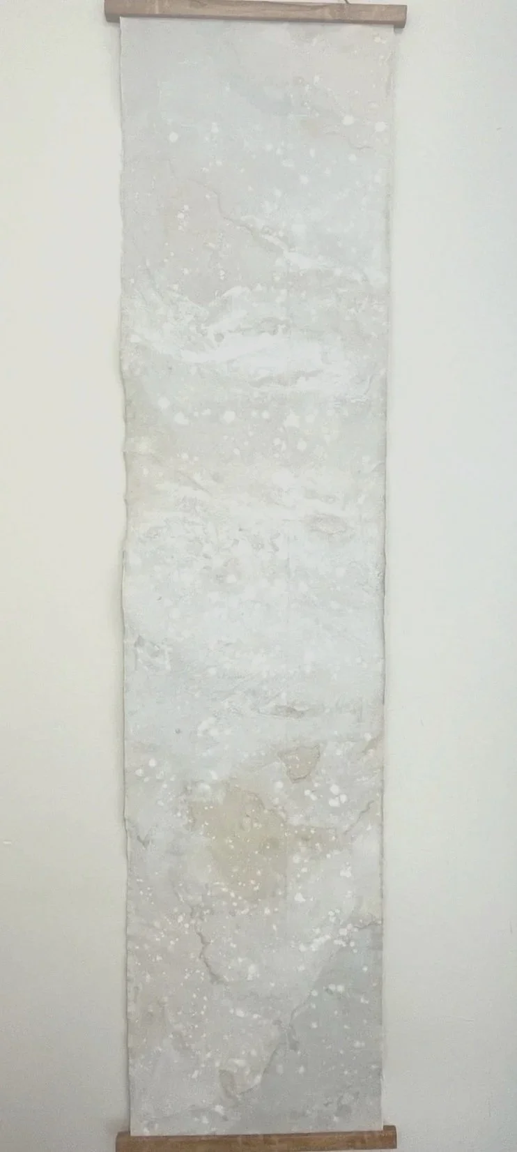 Scroll 10 (2025) | 137 x 30 cm | Rain, Limestone, Clay, Water, Natural Medium on Raw Cotton Canvas