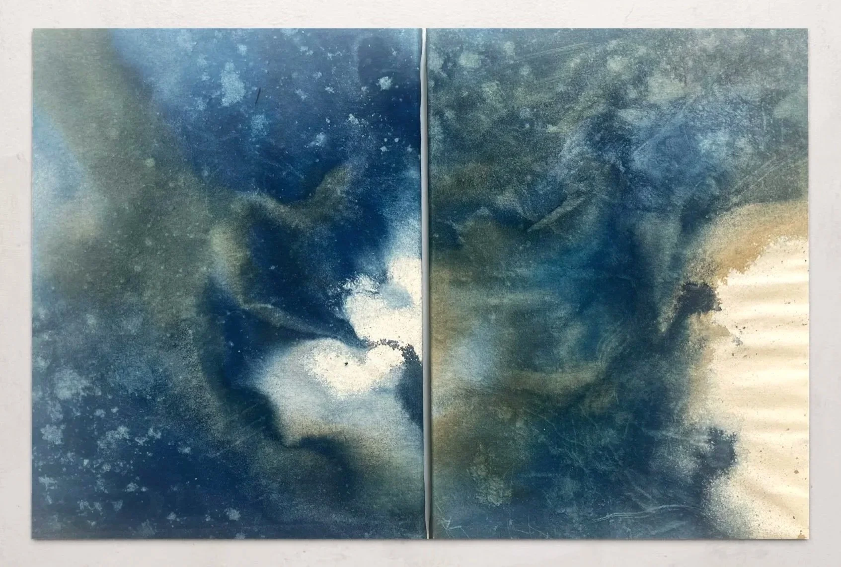 Solaria (Fleinvaer) Diptych (2025) | 30 x 40 cm | Light Sensitive and Red Iron Salts, Sun, Seawater, Salt, on Raw Cotton Canvas