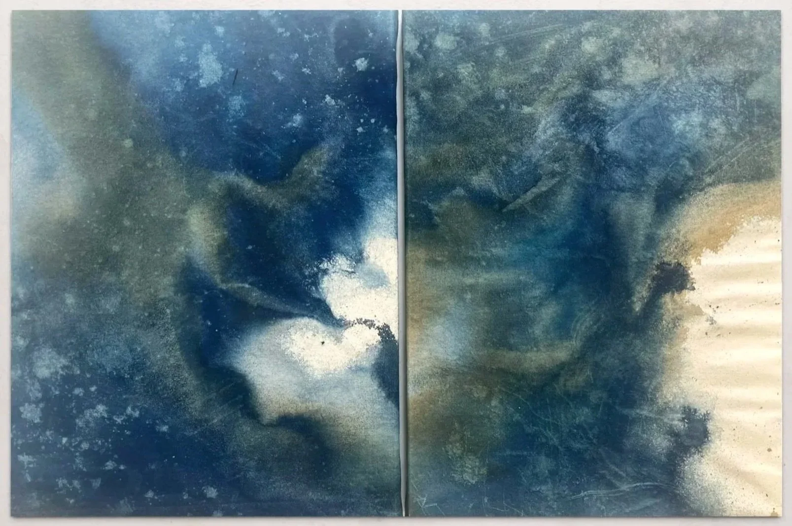 Solaria (Fleinvaer) Diptych (2025) | 30 x 40 cm | Light Sensitive and Red Iron Salts, Sun, Seawater, Salt, on Raw Cotton Canvas