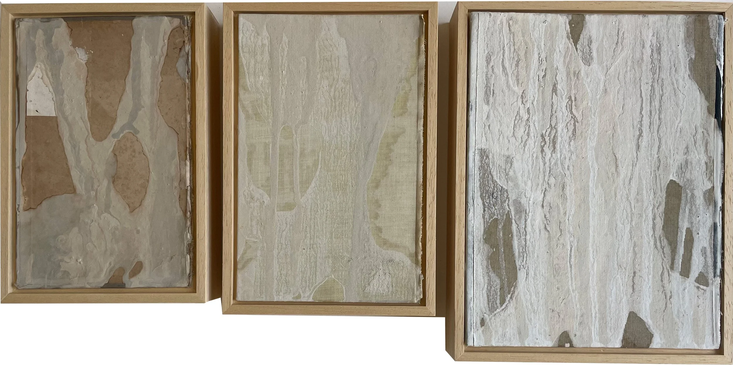 Solum/Saxum 37 - Triptych (2025) | 13.3x19.7 | 14x22.2 | 17.8 23.2 cm | Limestone, Clay, Water on antique book covers