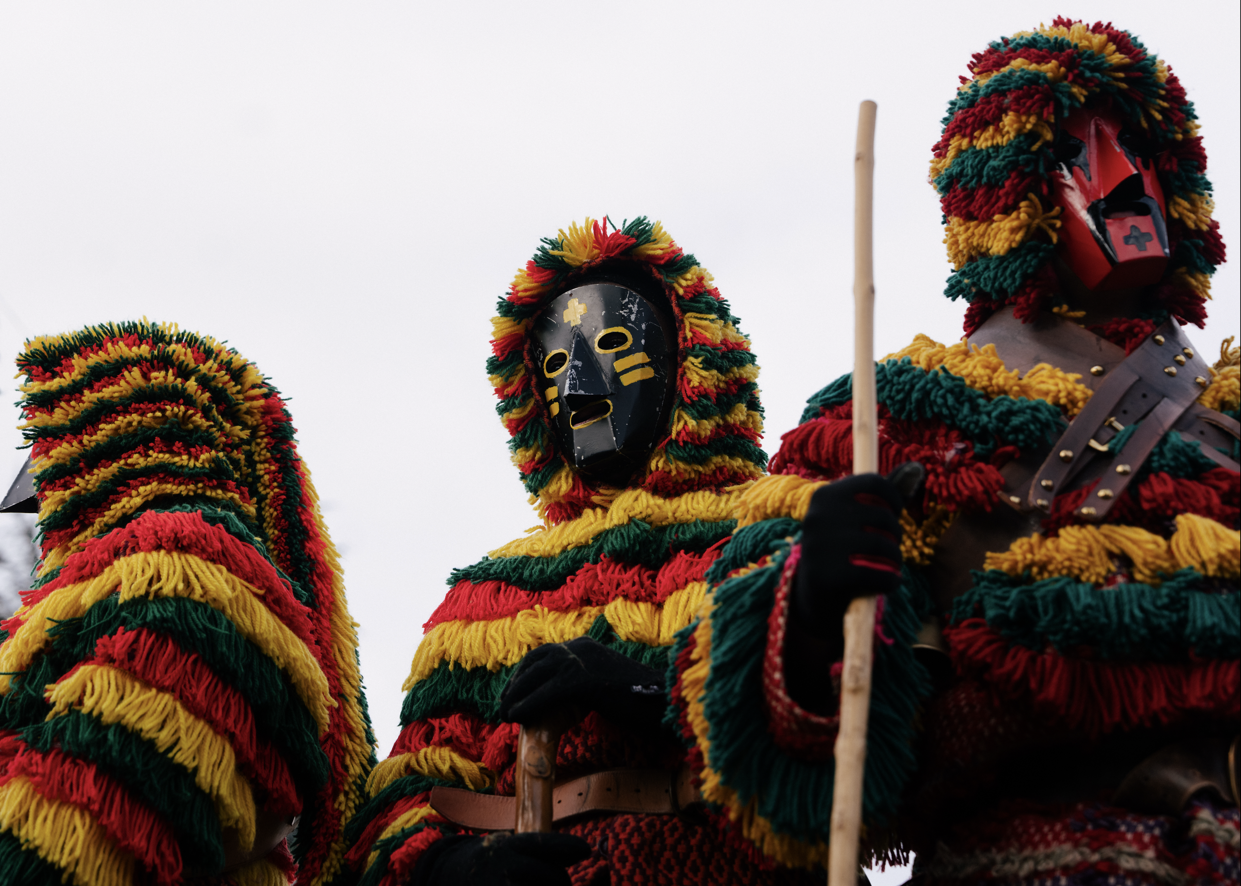 People dressed in colorful, fuzzy costumes with masks, participating in a cultural festival or parade outdoors.