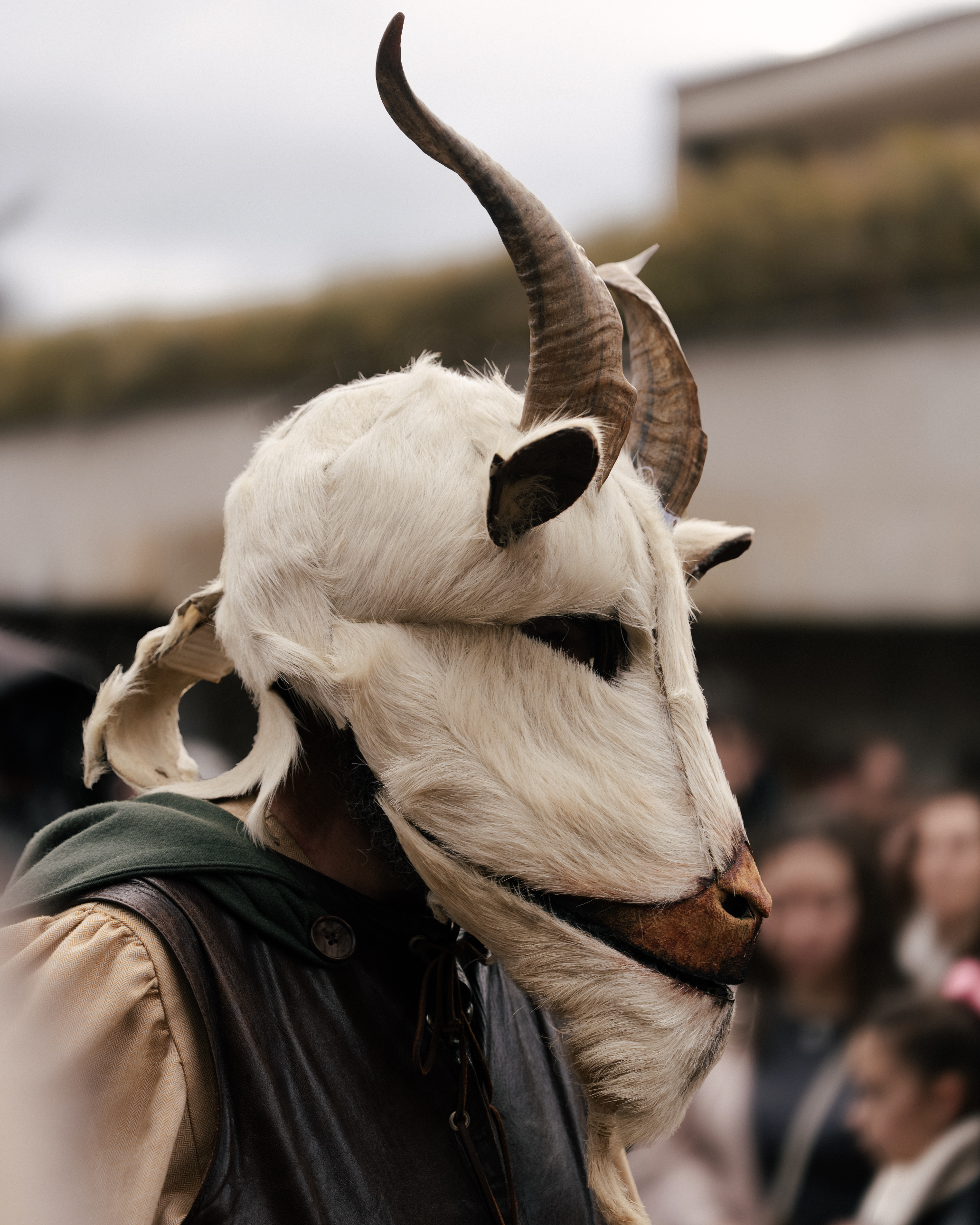 A person wearing a goats head mask with large, curved horns and a goat's face, standing among a crowd.