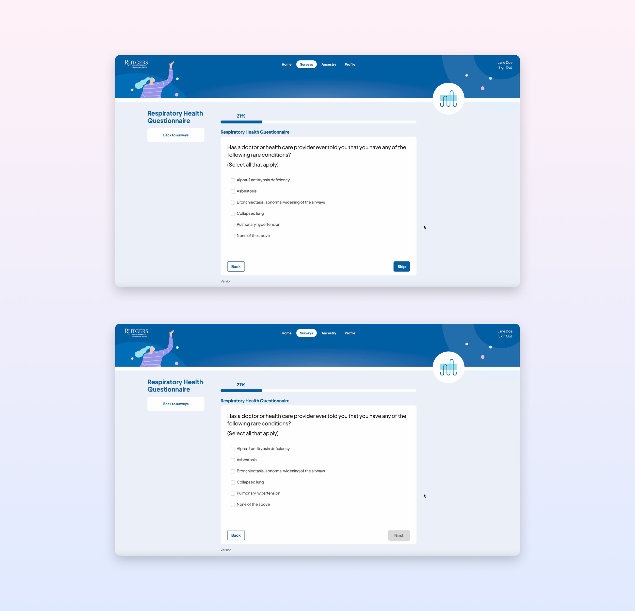 Images of Survey Screens,  User Control and Freedom 