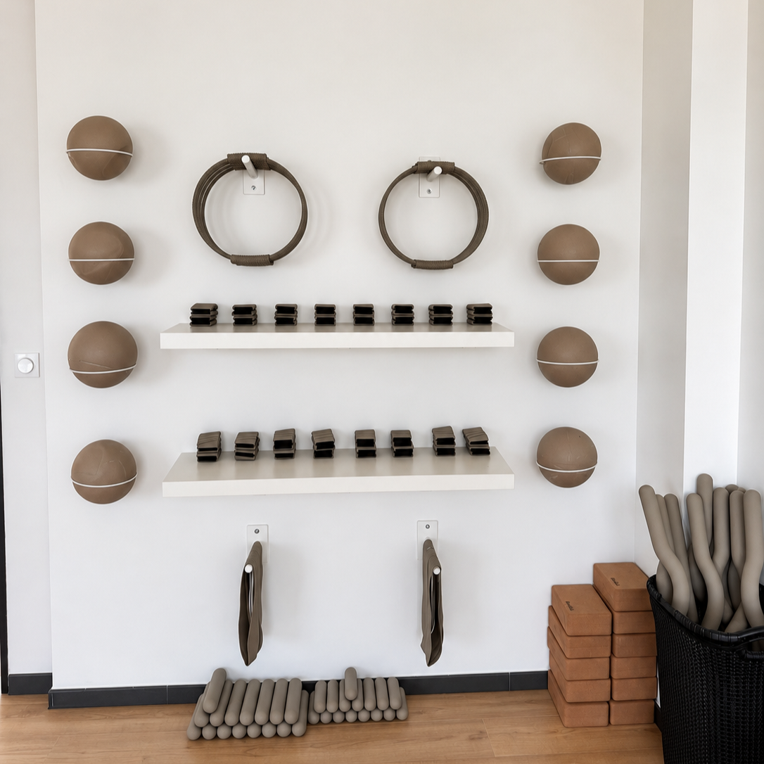 Salle de yoga ou méditation avec tapis, coussins, et accessoires de yoga suspendus ou rangés, décor minimaliste en blanc avec éléments gris et marron.