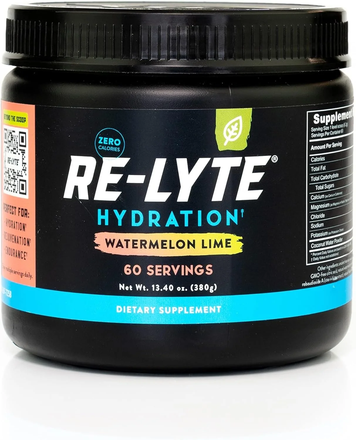 A container of Re-Lyte hydration dietary supplement with watermelon lime flavor, featuring a black label with blue, white, and yellow text. It indicates zero calories, 60 servings, and weighs 13.4 ounces.