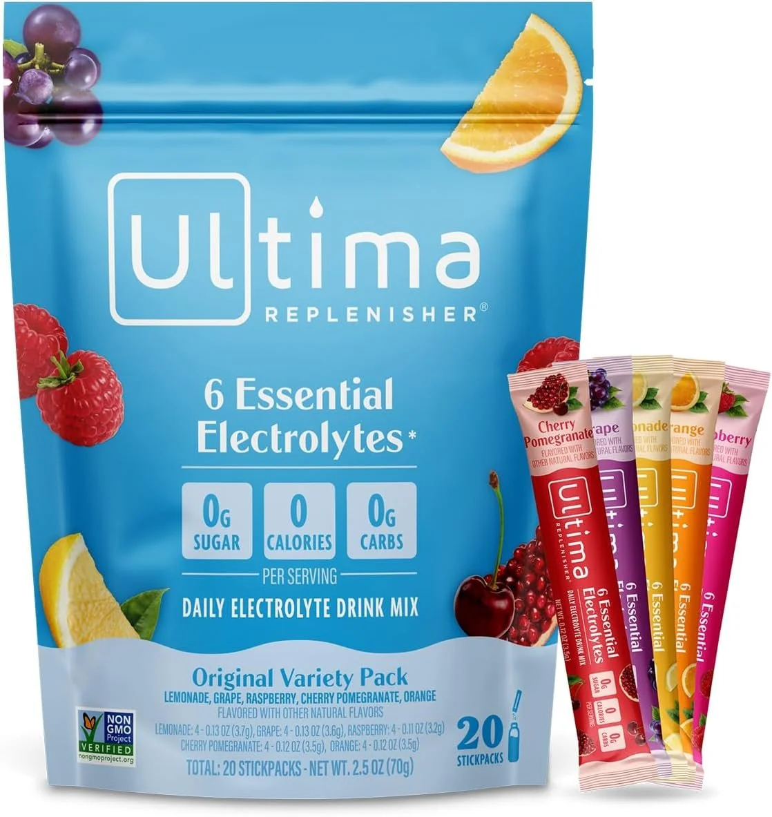 Blue packet of Ultima Replenisher electrolyte drink mix with images of raspberries, a cherry, lemon, and orange slices, and four flavor sticks labeled Cherry Pomegranate, Grape, Lemonade, and Orange.