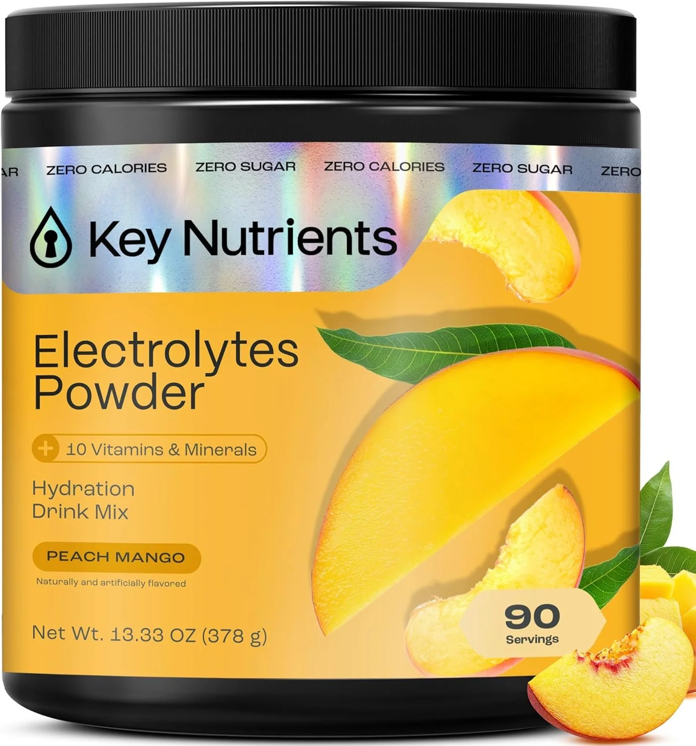 Container of Key Nutrients Electrolytes Powder in Peach Mango flavor with an illustration of a peach and mango slices, black lid, holographic label, indicating 90 servings, zero calories and sugar, emphasizing hydration and vitamin minerals.