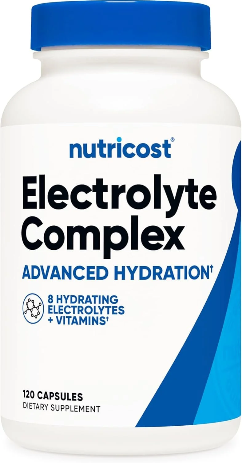 Bottle of Nutricost Electrolyte Complex dietary supplement with 120 capsules and advanced hydration features.
