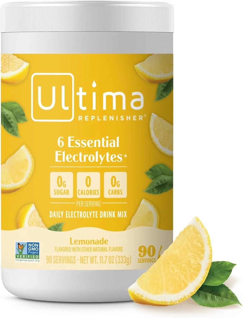 A container of Ultima Replenisher Lemonade electrolyte drink mix with lemon slices and green leaves on the label.
