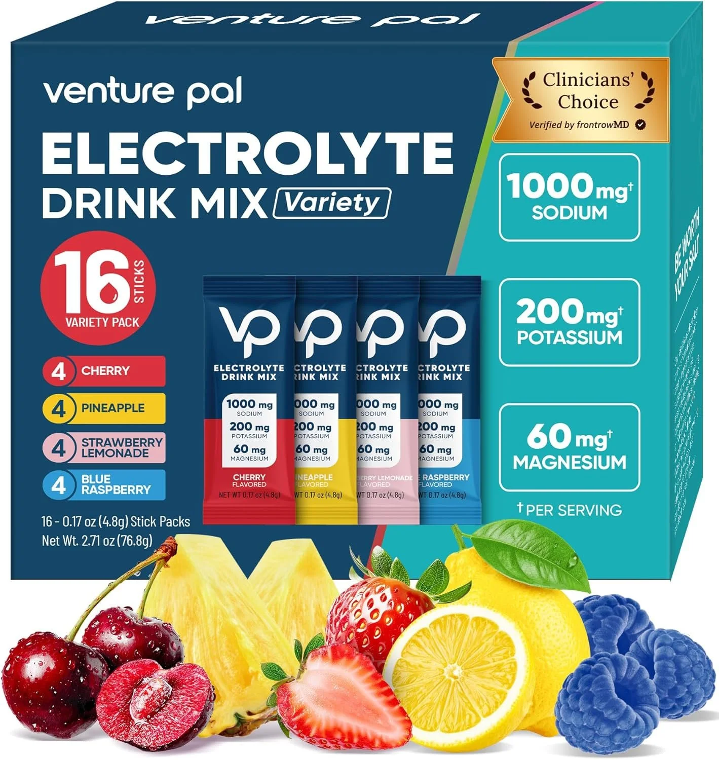 Box of Venture Pal electrolyte drink mix with 16 stick packs in various fruit flavors, including cherry, pineapple, strawberry lemonade, and blue raspberry, with colorful images of cherries, pineapple, strawberries, lemon, and blueberries at the bottom.