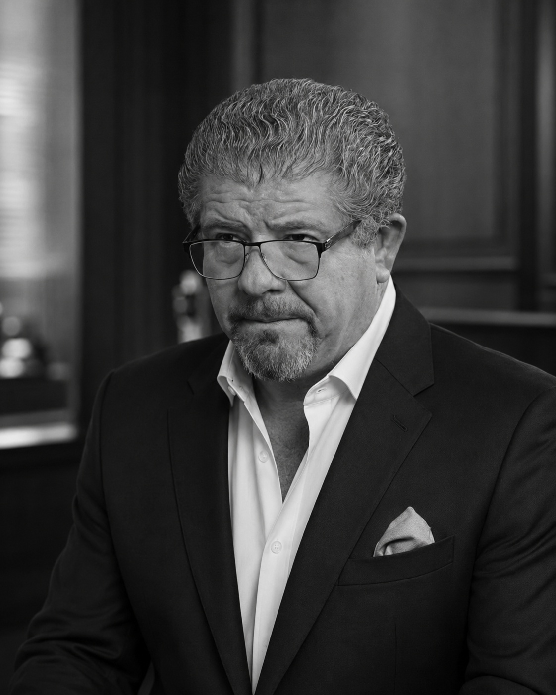 Retrato en blanco y negro de un hombre de cabello rizado y canoso, vistiendo gafas, traje oscuro y camisa blanca, en un ambiente interior.