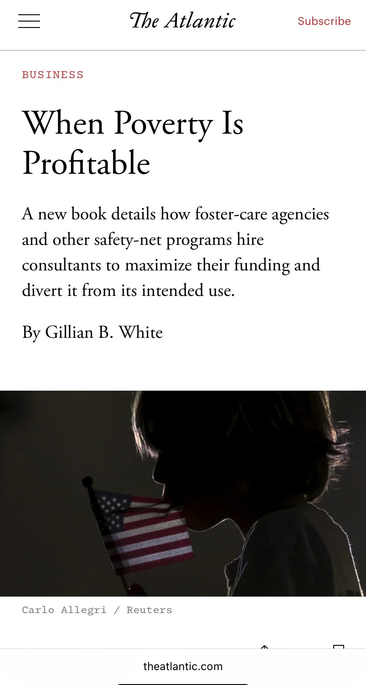 A screenshot of an article page from The Atlantic titled "When Poverty Is Profitable" by Gillian B. White. The page features a black and white image of a child silhouette holding a small American flag, with the child facing side profile, and the background dark. The photo is credited to Carlo Allegri / Reuters.
