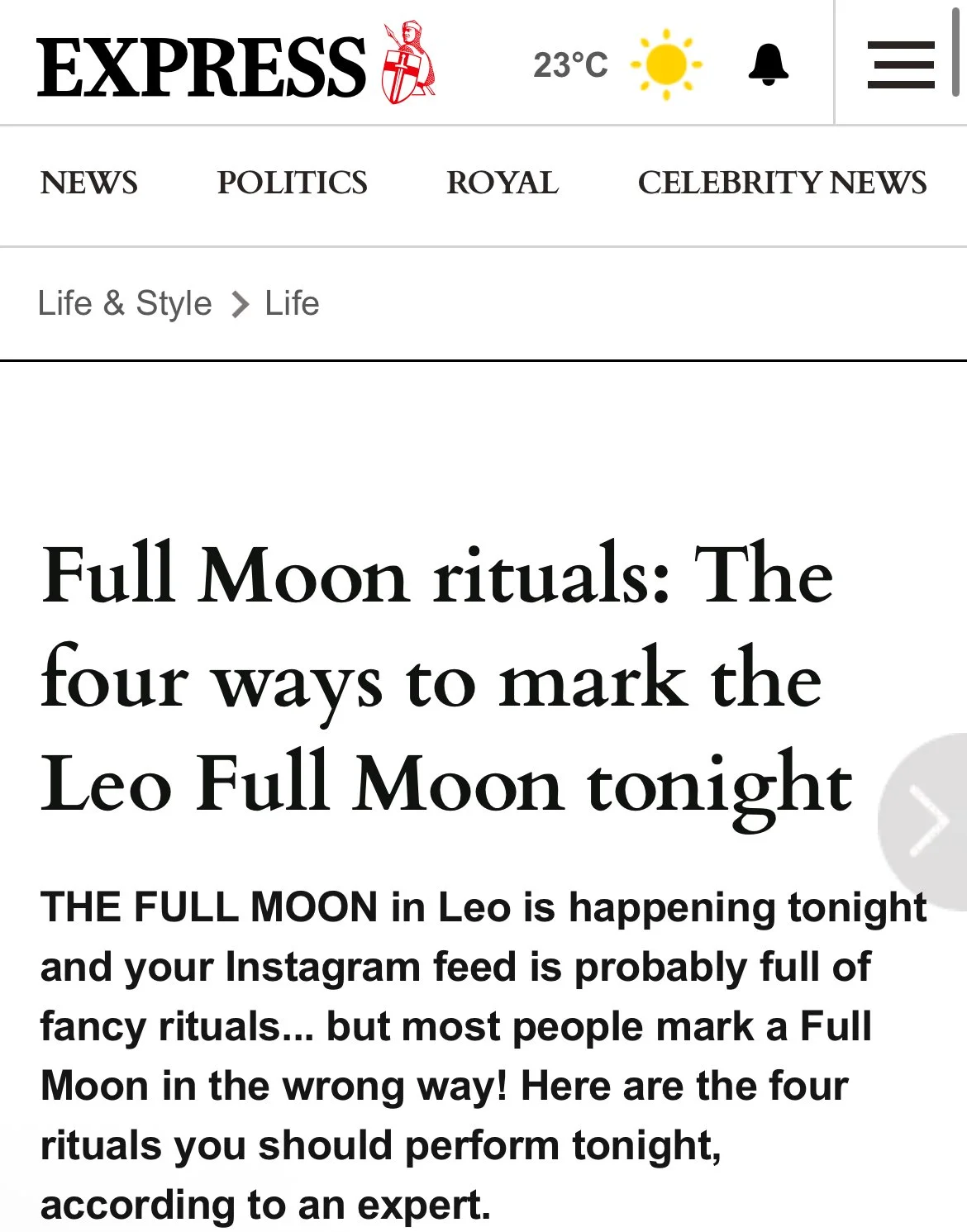 Screenshot of an online news article from the Express website about the four ways to mark the Leo Full Moon tonight, with navigation and weather icons at the top.