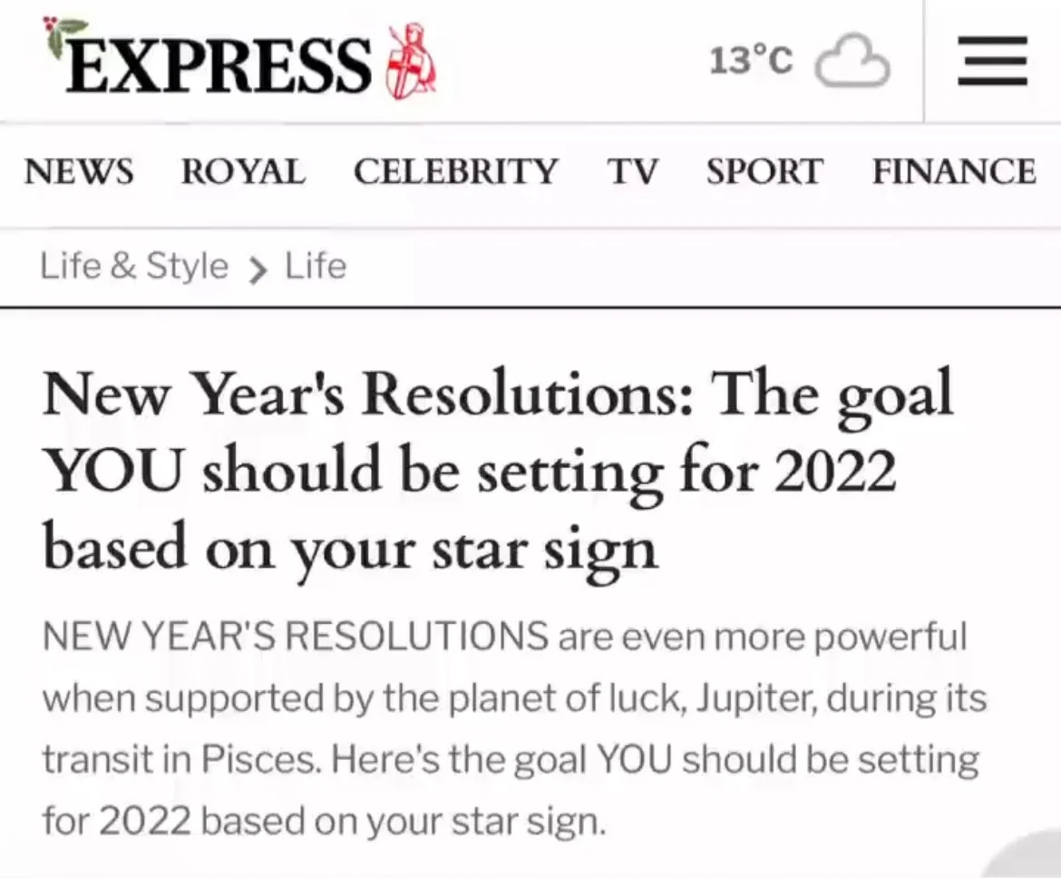 Screenshot of a webpage from the Express news site with a headline about New Year's resolutions based on star signs, under the Life & Style section, with weather information showing 13°C and cloudy weather.