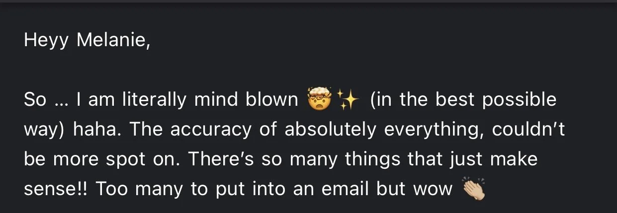 Screenshot of a text message with a dark background. The message is addressed to Melanie, expressing amazement at the sender's accuracy, accompanied by emojis of a shocked face, sparkle, and clapping hands.
