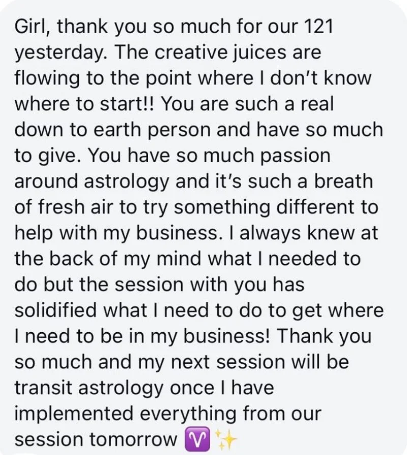 A screenshot of a heartfelt thank you message expressing gratitude for a successful astrology and creativity coaching session, mentioning future plans to incorporate transit astrology.