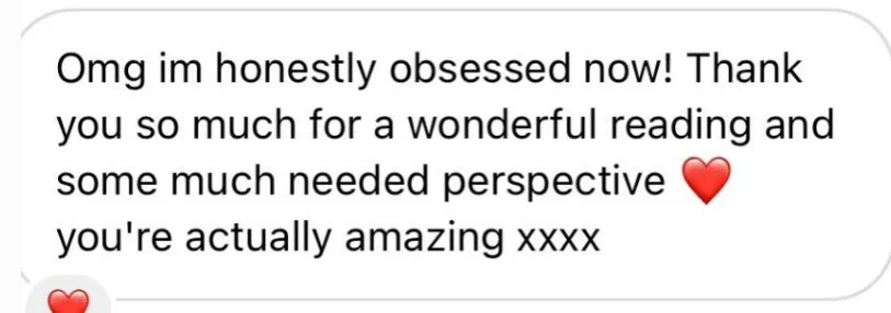 A text message expressing excitement and gratitude, praising someone's reading and perspective, with heart emojis.