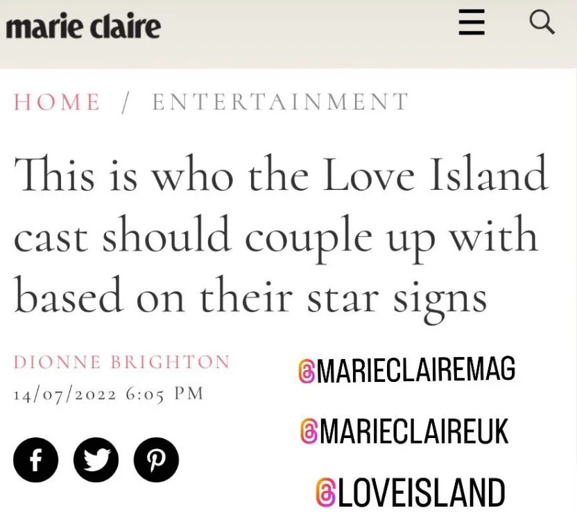 Screenshot of Marie Claire website article titled "This is who the Love Island cast should couple up with based on their star signs" by Dionne Brighton, published on July 14, 2022, at 6:05 PM. The page shows the Marie Claire logo at the top, a menu icon, a search icon, social media icons for Facebook, Twitter, and Pinterest, and social media handles for @MARIECLAIREMAG, @MARIECLAIREUK, and @LOVEISLAND.