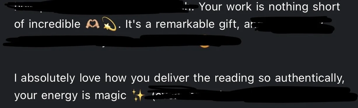 Screenshot of a text message praising someone's authentic reading delivery and energy, with blacked-out sections covering other parts of the message.