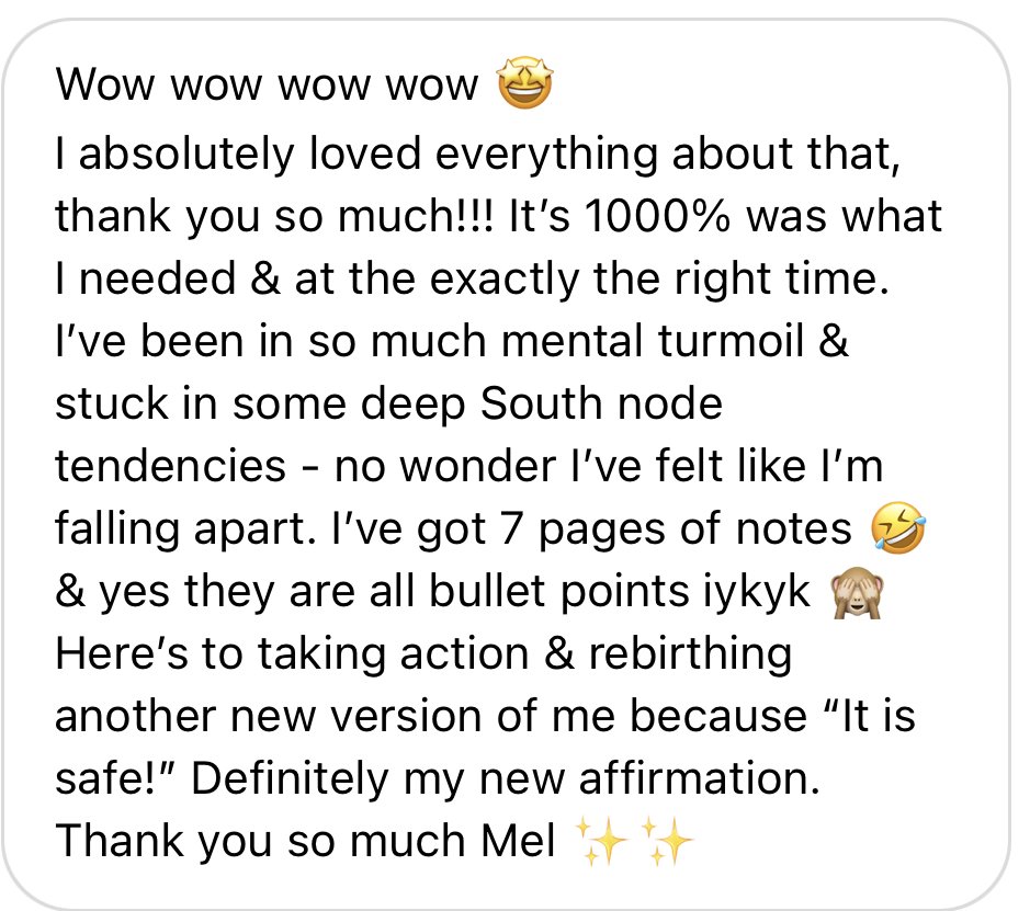 A screenshot of a text message expressing gratitude and excitement, mentioning mental turmoil, South node tendencies, writing notes, and rebirth as a new affirmation.