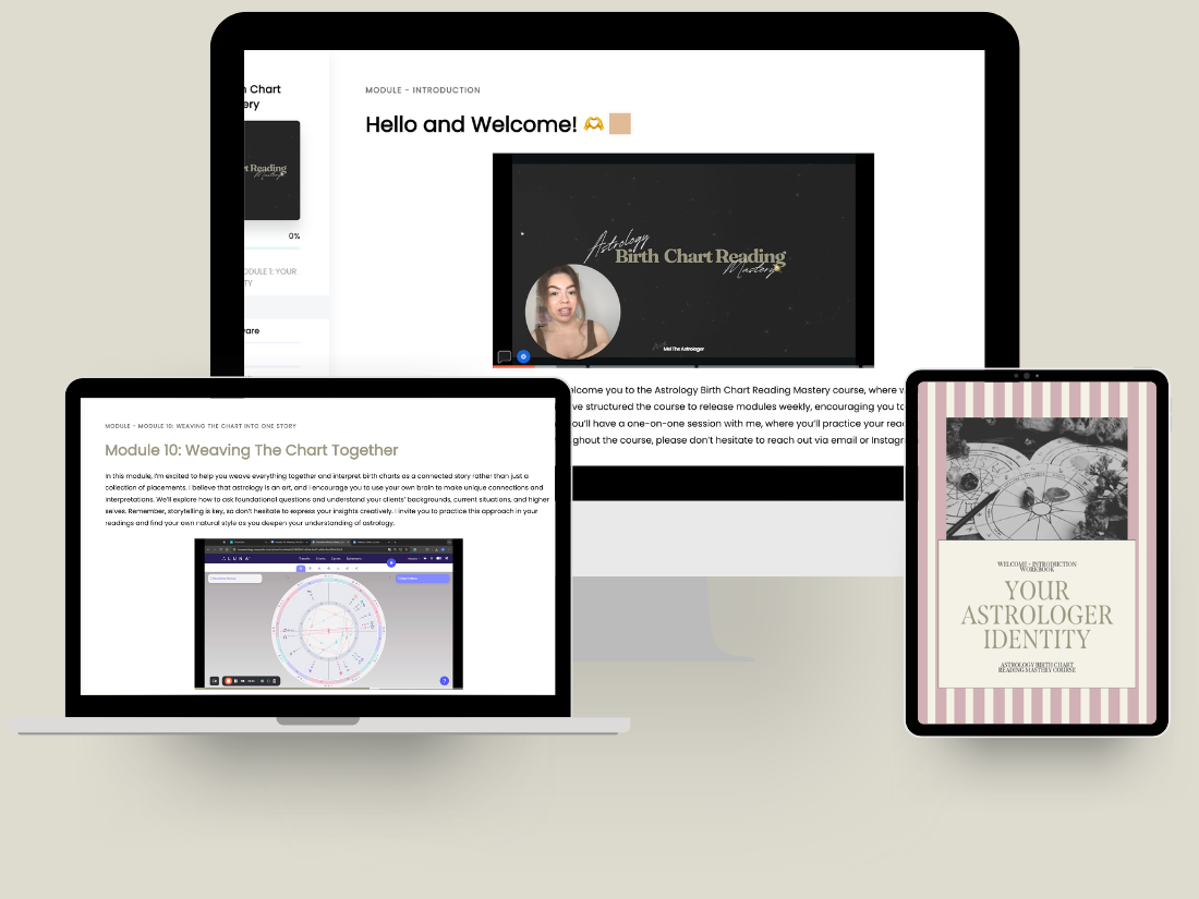 Screenshots of online astrology courses on laptop and tablet screens, showing modules about birth chart reading, astrology, and zodiac signs.