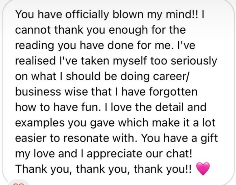 Screenshot of a positive message expressing gratitude for a conversation and help with career guidance, with a pink heart emoji at the bottom.