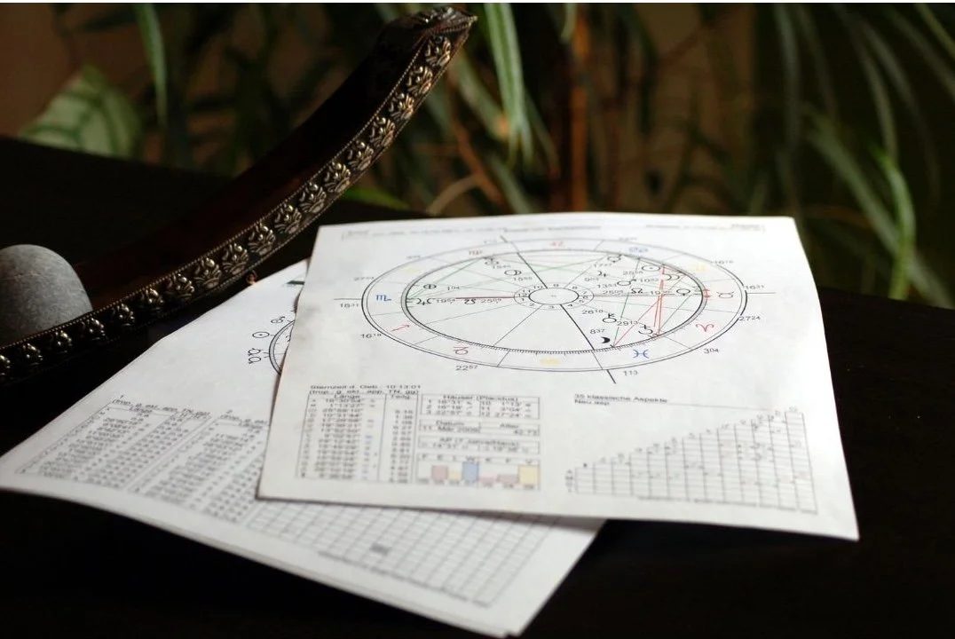 Astrological charts and data sheets on a table, with a decorated black object, possibly a desk ornament or accessory, and green plants in the background.