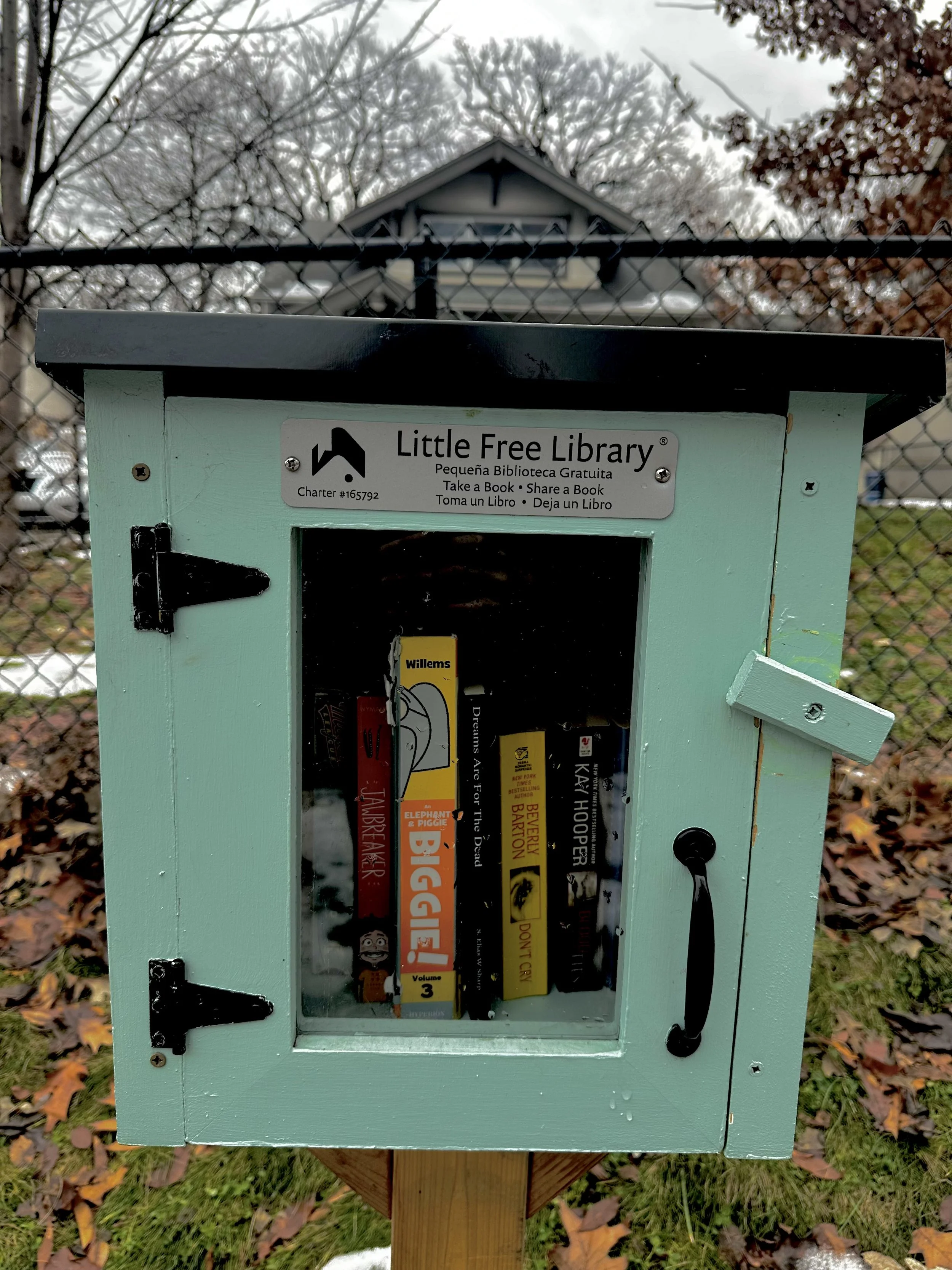 A small teal-colored free little library box with a black roof, mounted on a wooden post, containing books. The door has black hinges and a handle. Behind it, there is a chain-link fence and a house with trees in the background, suggesting a park or yard setting in fall or winter.