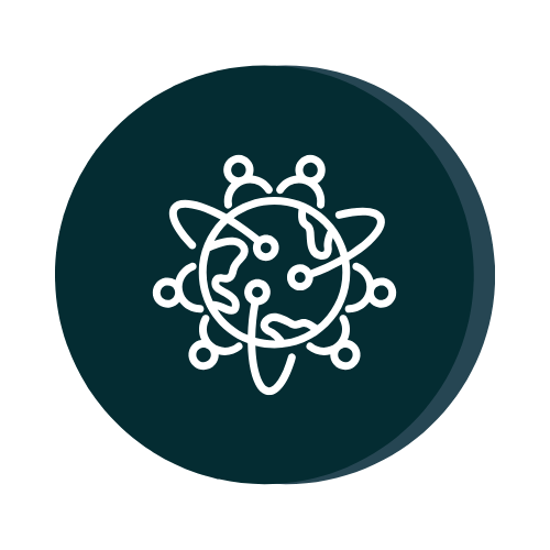 Icon of a globe with interconnected nodes, representing global connectivity and collaboration.