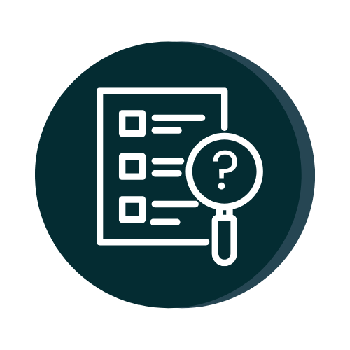 Icon with a checklist and a magnifying glass with a question mark, symbolizing searching or evaluating options.