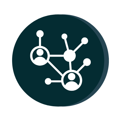 Icon of a network with people connected by lines, representing social or professional connections.