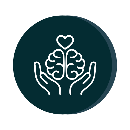 Icon of two hands holding a brain with a heart above it.