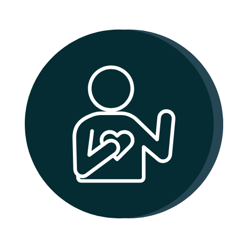 Icon of a person with a heart on their chest, holding one arm up and flexing the other arm