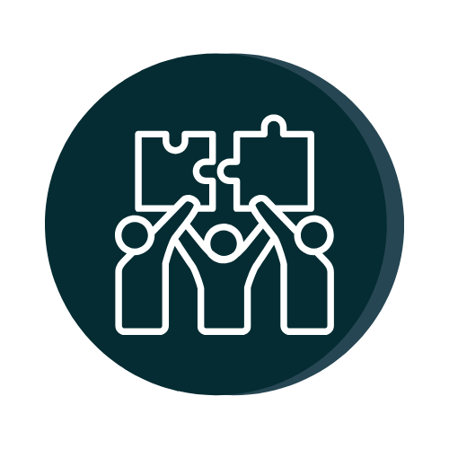 Icon of three hands holding interconnected puzzle pieces, symbolizing teamwork and collaboration.