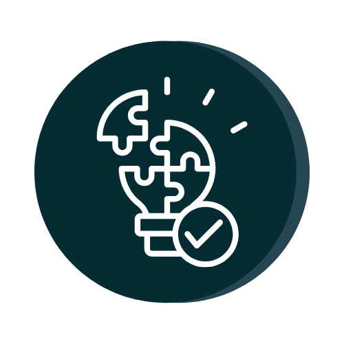 An illustration of a light bulb with puzzle pieces inside and a checkmark, representing a completed idea or solution.