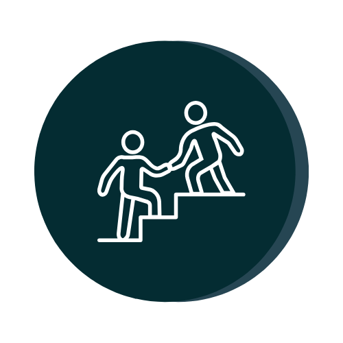 Icon of two people helping each other up stairs, symbolizing assistance or teamwork.